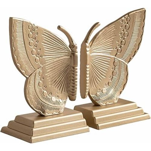 Decorative Butterfly Bookends, Muted Matte Vintage Gold Heavy Duty Metal Book Ends with Non-Slip Felt Base, Shelf Organizer for Home and Office