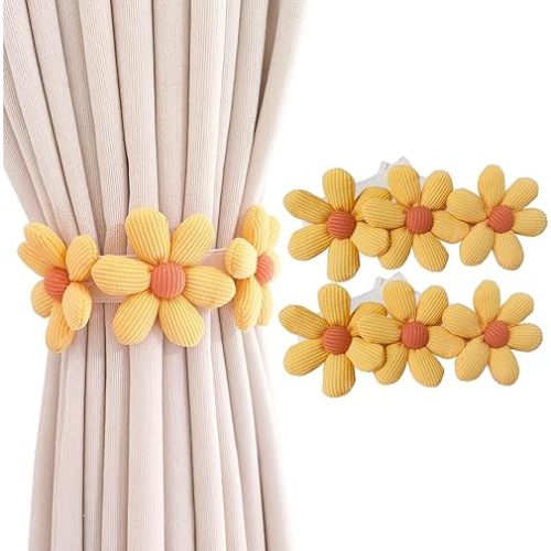 2pcs Flower Curtain Buckles, Japanese Curtain Ties, Cute Decorative Rope for Bedroom Window Treatment (Yellow)