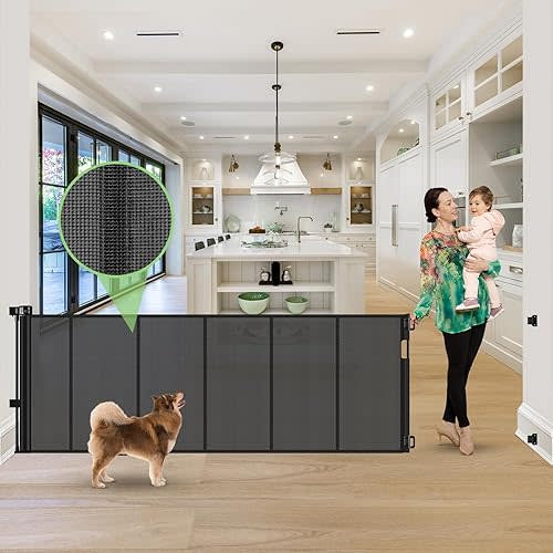 Reinforced 120 Inch Retractable Baby Gates Extra Wide Dog Gate with Support Rods – Prevent Crawling Under, 10 Feet Extra Long Baby Gates for Large Openings, Indoor/Outdoor Retractable Dog Gate, Black