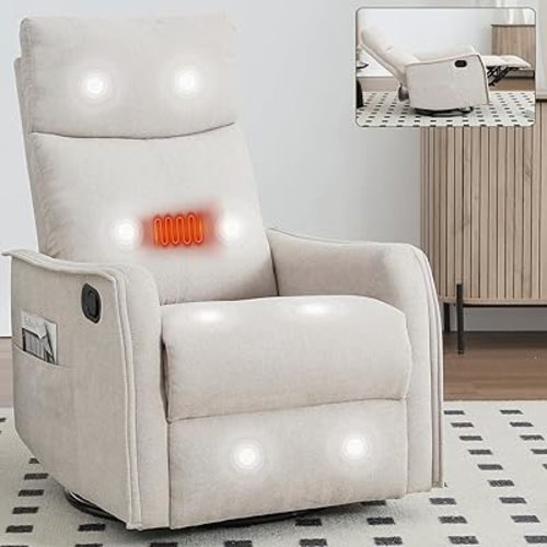 Rocking Recliner Chair with Heat and Massage, 360° Swivel Glider Rocker with Reclining Backrest and Footrest, Modern Nursery Rocking Chairs for Adults for Bedroom, Living Room, Office (Beige)