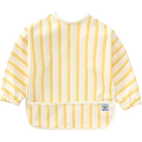 ARI MES Long Sleeves Waterproof Baby Bibs for Eating - Yellow Stripes, Small - Wearable, Coverall for Toddler, Long Sleeve Bib, Smock Apron for Feeding - Applicable for 6-72 Months