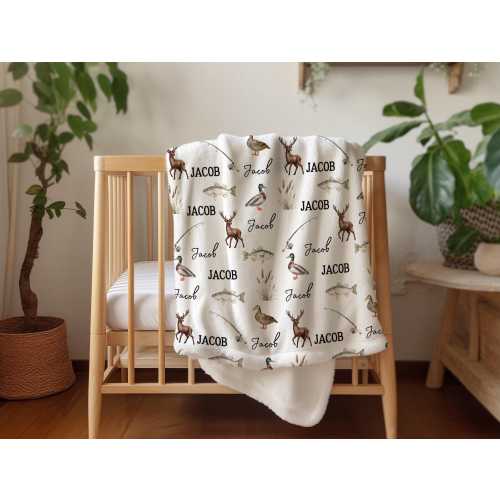 personalized fisherman baby blanket for boys hunting theme baby shower gift custom name woodland animal hunting blanket rustic outdoor gift