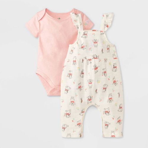 Baby Girls' 2pc Disney Winnie The Pooh Overalls & Bodysuit Set - White/Pink 12M