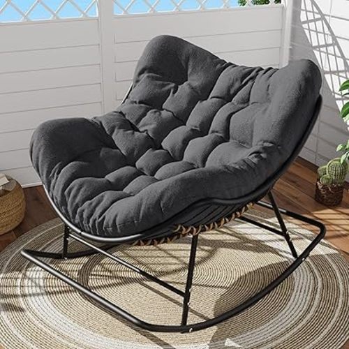 SWITTE Papasan Rocking Chair Outdoor Indoor, Oversized Egg Wicker Rocker with Cushion, Supports 450 lbs, Patio Chair for Balcony or Living Room - Dark Gray