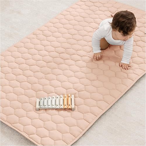 Comfy Cubs Rectangle Kids Play Mat - Small 36 x 60 inches Soft Quilted Baby Floor Mat - Blush