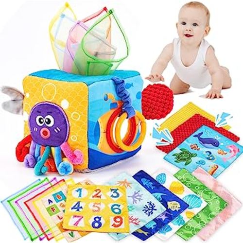 hahaland Baby Tissue Box Toy - Baby Toys 6 to 12 Months Montessori Toys for Babies 6-12 Months with Textured Tails, Cloth Tissues, Crinkle, Squeaky Sounds, Mirror - Baby Sensory Toys