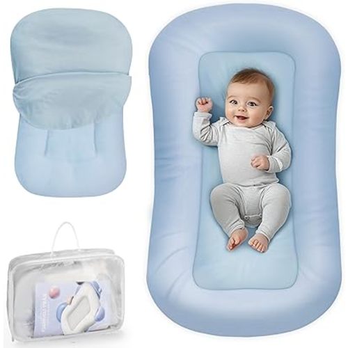 Baby Lounger - Baby Lounger for Newborn, 0-24 Months, Infant Lounger for Home and Travel, Soft Cotton, Baby Nest Lounger, Newborn Babies Essentials Gifts, ZumaBlue (Lounger Cover Included)