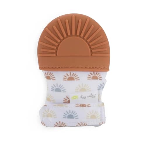 Itzy Ritzy Silicone Teething Mitt - Soothing Infant Teething Mitten with Adjustable Strap, Crinkle Sound & Textured Silicone to Soothe Sore & Swollen Gums - for Ages 3 Months & Up (Terracotta Sun)