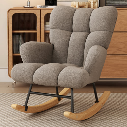 Comfortable Modern Glider Rocking Chair, Teddy Fabric Upholstered High Backrest Nursery, Living Room, Bedroom (Brown)