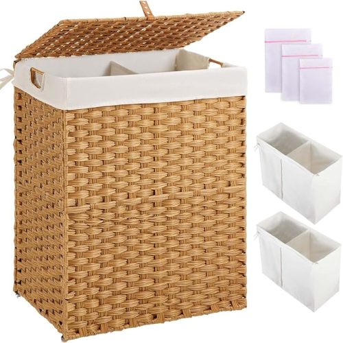 Greenstell Laundry Hamper No Install Needed, Divided Clothes Hamper with 2 Removable Liner Bags, 90L Handwoven Synthetic Rattan Laundry Basket with Lid and Handles, Foldable Natural