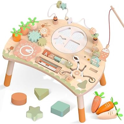 Montessori Table d'activités en bois pour enfants de 1 an – Tableau d'activités 9 en 1 pour bébé avec trieur de forme labyrinthe de perles, jouets d'apprentissage sensoriel pour tout-petits, cadeau d'anniversaire pour garçons et filles
