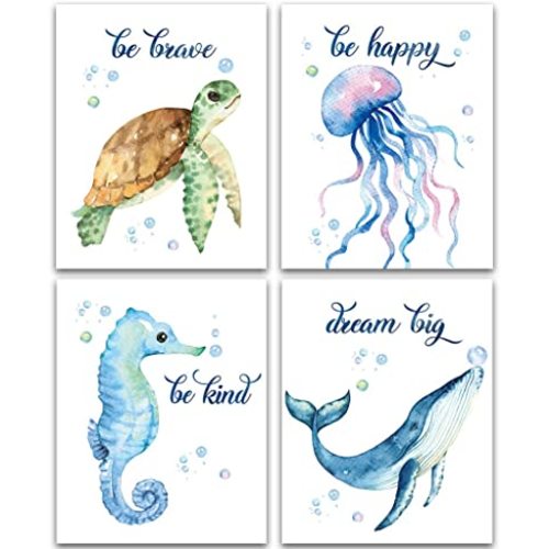 Lovely Inspirational Words Texture of Dreams Watercolor Sea marine life Art Print Set of 4 (8”X10”), Sea Turtle Seahorse fish whale Jellyfish Wall Poster, Blue Ocean Theme Nursery Kids Room Wall Decor