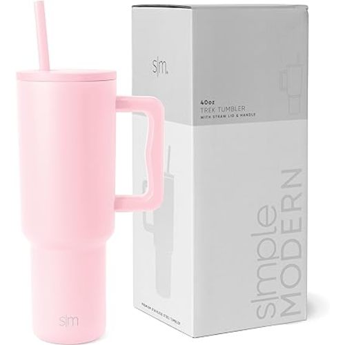 Simple Modern 40 oz Tumbler with Handle and Straw Lid | Insulated Cup Reusable Stainless Steel Water Bottle Travel Mug Cupholder Friendly | Gifts for Women Men Him Her | Trek Collection | Blush