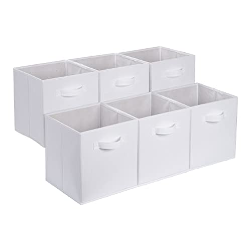 Amazon Basics Collapsible Fabric Storage Cubes Organizer with Handles, Sturdy, White, 10.5-x-10.5-x-11-inch, Pack of 6