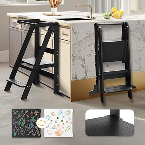 Toddler Tower Foldable, Kitchen Step Stool Helper with Safety Railing & 3 Adjustable Heights, Standing Tower with Double-Sided Drawing Board, Montessori Kitchen Tower for Kids Learning (Black)