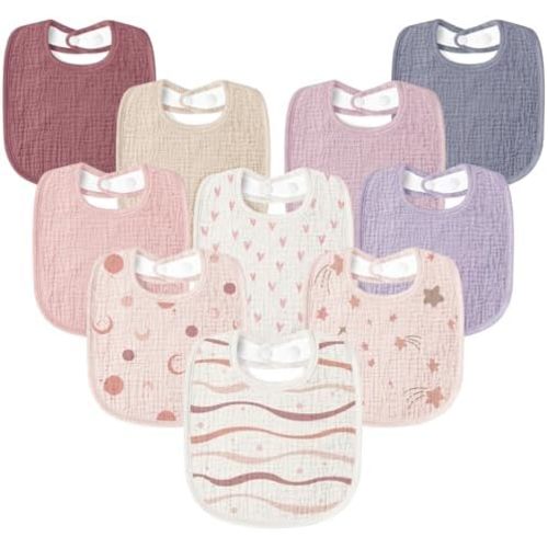 Susurration Muslin Baby Drool Bibs 10Pack Soft Square Adjustable Bandana Bibs for Unisex Baby Girls & Boys