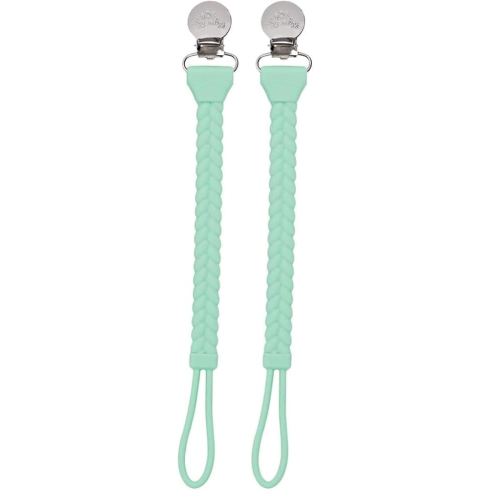 Itzy Ritzy Silicone Pacifier Clip; 100% Silicone Pacifier Strap with Clip Keeps Pacifiers, Teethers & Small Toys in Place; Features Cute Braid Detailing & Silicone Cord, Mint with Silver Clip