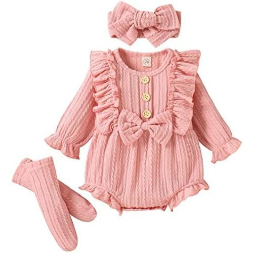 ZAXARRA Newborn Baby Girls Clothes Long Sleeve Button Front Ruffle Romper Socks Headband 3Pcs Set Fall Winter Outfits