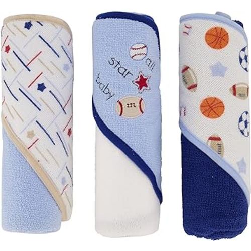 Cudlie Buttons & Stitches Baby Boy 3 Pack Rolled/Carded Hooded Towels in All Star Baby Print (GS71720),3 Count (Pack of 1)
