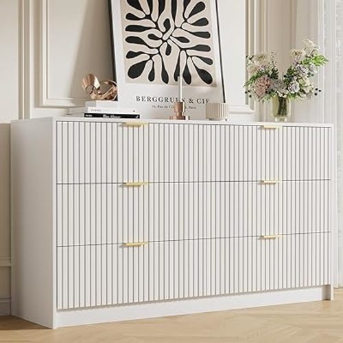 White Dresser for Bedroom, Modern Dresser with 6 Drawers and Smooth Slides, Wide Chest of Drawers with Golden Handles for Bedroom, Living Room, Closet, 15.7" D x 55.1" W x 31.4" H