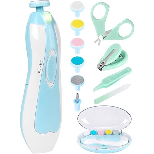 Baby Nail Trimmer Electric-12 in 1 Baby Nail Clippers Safe Baby Nail File Kit with a Nail Clipper, Scissor, Tweezers, and Nail Files (Blue+)