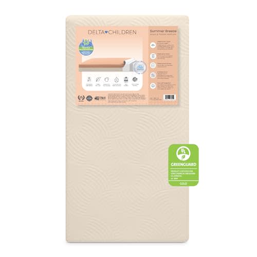 Delta Children Summer Breeze Mattress - Breathable Baby Crib & Toddler Mattress with Cloud Core - Machine Washable Cover - GREENGUARD Gold – Waterproof - Sustainably Sourced Core, Apricot/White