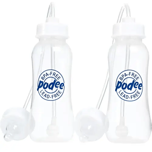 Hands-Free Baby Bottle - Anti-Colic Self Feeding 9 oz Baby Bottle Nursing System with Fast Flow Nipple/Teat 3m+ Infant (2 Bottles - Podee Blue)