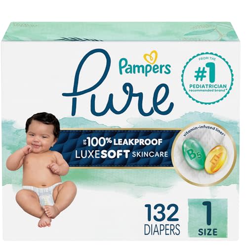 Pampers Pure Protection Baby Diapers, Size 1 (8-14 lbs), 132 Count, Up to 100% Leakproof, Premium Plant-based Skin Protection, Hypoallergenic Soft Diapers