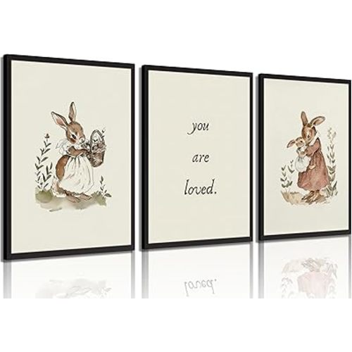 3 Pcs Bunny Nursery Canvas Wall Art Retro Cute Bunny Painting Picture Wall Decor Vintage Rabbit Mom and Baby Poster Print Artwork for Girls Room Bedroom living room Home Decoration