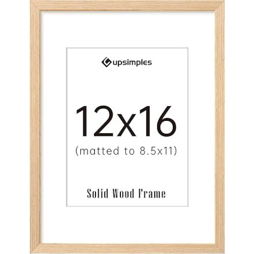 upsimples 12x16 Picture Frame, Natural Solid Wood Picture Frames, Display 8.5x11 with Mat or 12 x 16 Without, Vertical & Horizontal Wall Hanging, 1 Pack