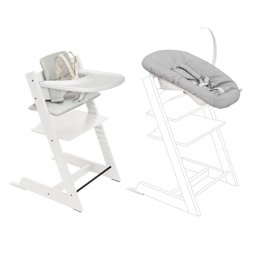 Stokke Tripp Trapp High Chair 2 (White) + Newborn Set + Cushion 2 (Nordic Grey) + Stokke Tray (White) - Includes Chair & Baby Set with Removable Harness for Children 6-36 Months