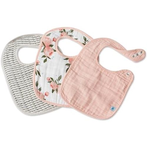 Little Unicorn Premium Classic Bib 3 pack | Adjustable as baby grows | Soft fabric on skin | Great for first time eaters (Watercolor Roses)