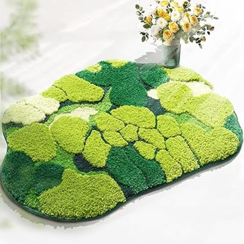 RORA Green Moss Bathroom Rugs Cute Leaf Bath Mat for Bathroom Non Slip Soft Microfiber Water Absorbent Aesthetic Green Bathroom Decor Boho Plush Rug for Shower, 32×20 Inch