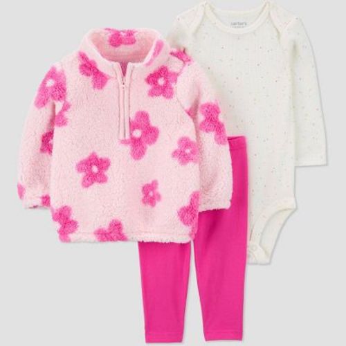 Carter's Just One You®️ Baby Girls' 3pc Floral Quarter Zip Top & Bottom Set - Pink 12m