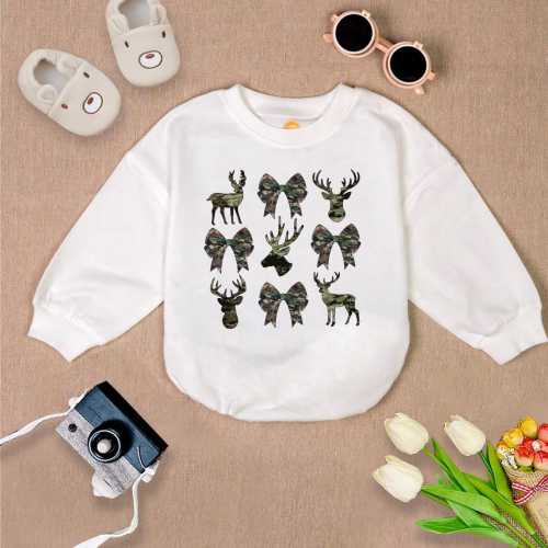Camo Bow Romper Sweatshirt, Deer Hunt Camo Coquette Bow Baby Outfit, Trendy Coquette Baby Clothes, Baby Bubble Romper, Huting Baby Bodysuit