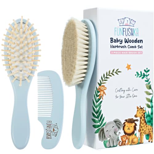FUNFUSHKA Wooden Baby Hair Brush and Comb Set for Newborns - Baby Soft Goat Bristle & Comb for Gentle Scalp Care - Perfect Registry Gift Set - Cradle Cap Brush for Newborn (Sky)