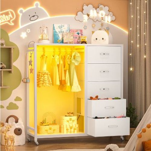 Aheaplus Rollway Dresser with Charge Station and LED Light,Chest With Drawers for Kids Room