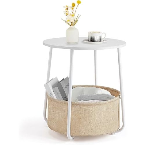 Small Round Side End Table, Modern Nightstand with Fabric Basket, Bedside Table with Steel Frame for Living Room Bedroom (White & Beige, 19.3"x19.3"x19.9")