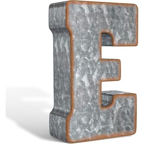 CraftyCrocodile 7" Galvanized Metal Letters for Wall Decor - 3D Letter E for Hanging & Free Standing - Decorative Rustic Alphabet Letters for the Living Room, Bedroom, Kitchen