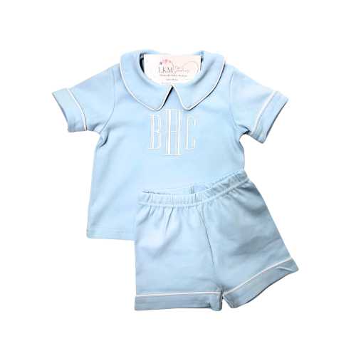 Personalized Baby Boy Outfit – Light Blue Shorts Set with White Piping, Monogram or Name, Baby Shower Gift, First Birthday Outfit