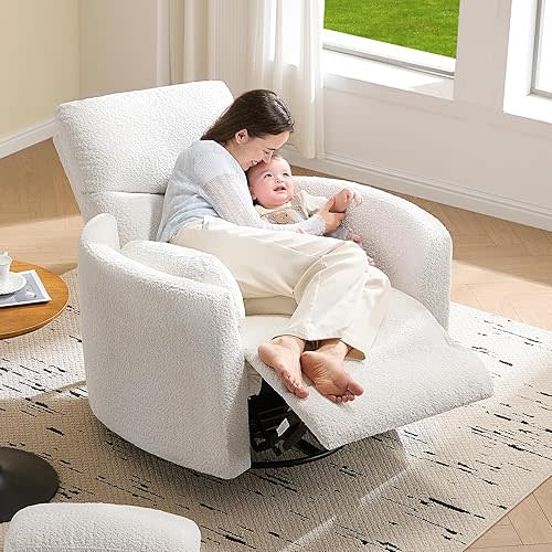 Jocisland Power Recliner Nursery Chair for Adults, Electric Swivel Rocking Glider with USB & Type-C Charge, Teddy Sherpa Armchair with 2 Pillows, Cozy Reclining Sofa for Living Room, Bedroom, White