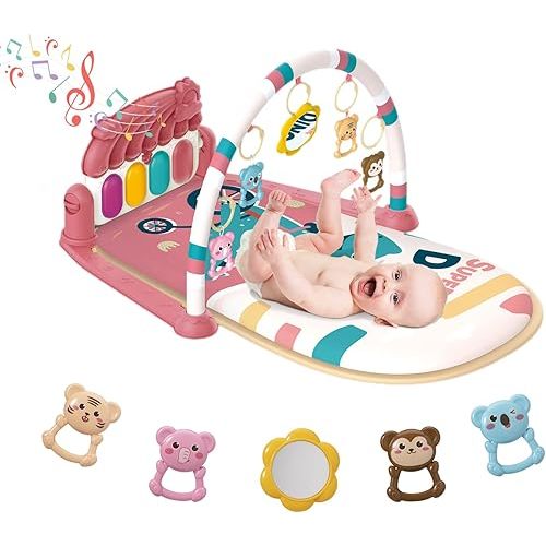 dearlomum Baby Play Mat Baby Gym, Piano Tummy Time Baby Activity Gym Mat with 5 Infant Learning Sensory Baby Toys, Music and Lights Boy & Girl Gifts for Newborn Baby 0 to 3 6 9 12 Months(Pink)
