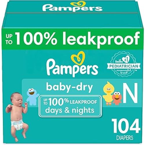 Pampers Baby Dry Diapers Newborn - Size 0, 104 Count, Absorbent Disposable Diapers