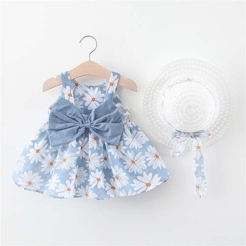 Zhuashum Boho Dresses For Girls 2025 6-12 Months Vacation Bow Set Ruffles Beach Floral Hat Summer Sleeveless Princess Sundress Fashion Girl Clothes Blue