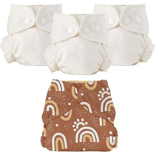Esembly Cloth Diaper Bundle Set, 3 Organic Absorbent Inners and 1 Waterproof Recycled Diaper Cover, Reusable Washable Diapers with Snap Closure, Size 1 (7-17lbs), Sunshower