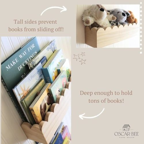 Scalloped Shelves Set of 2 - Preassembled Kids Bookshelf - Book Shelf for Kids Rooms - Nursery Bookshelf Decor - Montessori Bookshelf - Natural Wood Floating Shelves - Baby Bookshelf