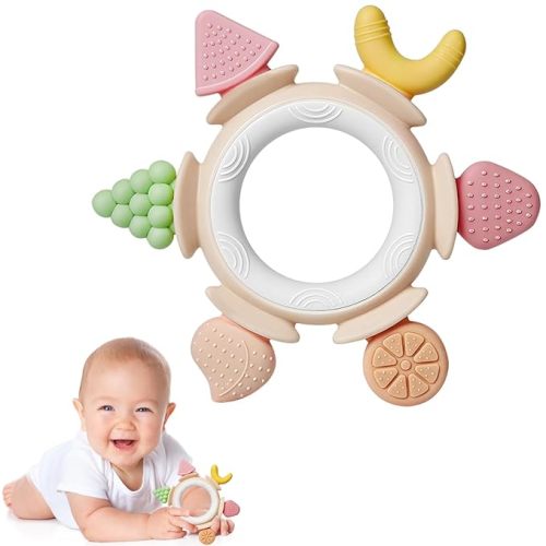 Hooku Silicone Teethers for Babies 6-12 Months, Teething Toys for Babies 0-6 Months, Baby Fruit Teethering Rings, BPA Free Baby Chew Toys, Infants Gifts