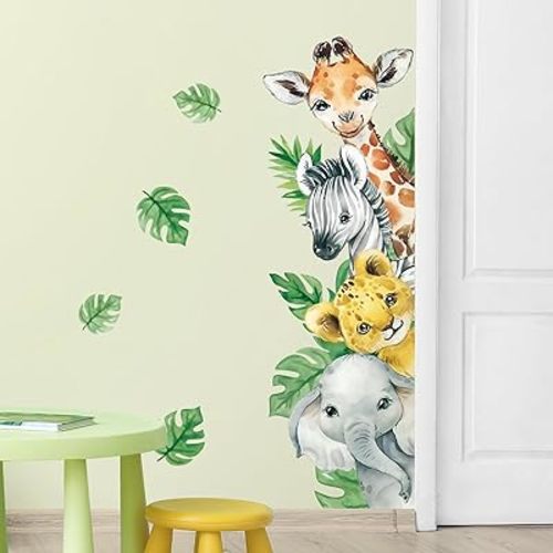 Tanlaby 45× 23in Watercolor Jungle Animal Wall Stickers Cartoon Animal Wall Decals Giraffe Zebra Elephant Green Leaves Wall Art for Kids Baby Nursery Bedroom Playroom Decor，Right