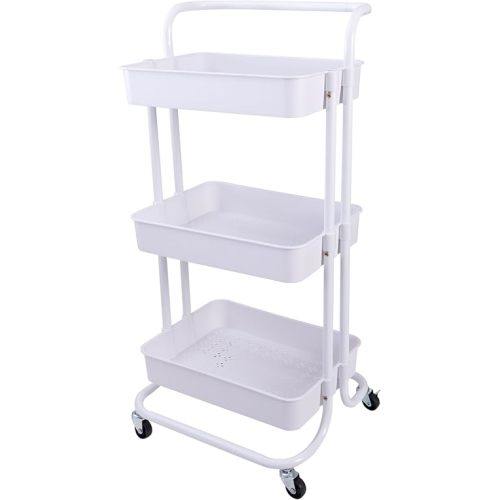 Organize It All Rolling Basket Cart | Dimensions: 16.5"x 14"x 33.85" | 3 Tier Rolling PP Basket | Sturdy Metal Construction | Home Organization | White