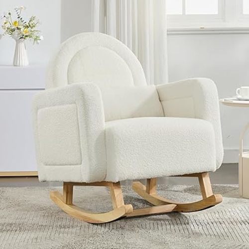 Nursery Rocking Chair Teddy Upholstered Accent Rocker Chair with Throw Pillow Cushion Comfy Soft Rocker Glider Solid Rubber Wood Leg for Bedroom Living Room Nursing Room, Cream White (Round backrest)